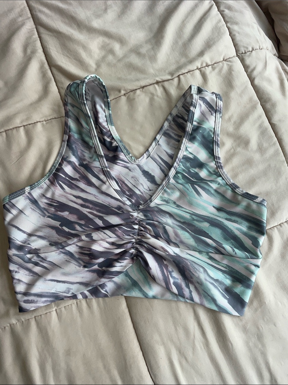 Savvi Ruched V-Neck Active sports bra in Teal and Gray Print